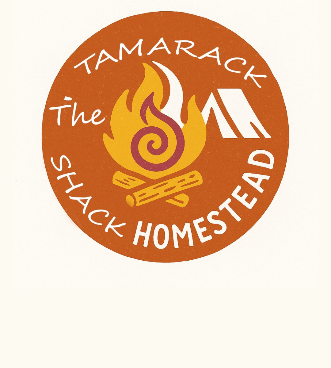 Tamarack Shack Homestead Logo. A Red circle logo with a campfire and a tent.