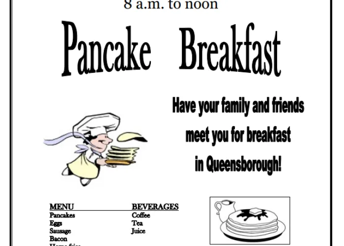 Queensborough Pancake Breakfast Poster. The poster includes event details and a cartoon chef carrying pancakes.
